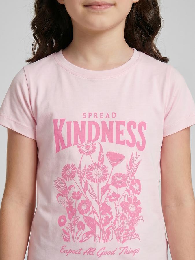 R&B Pink Graphic Print Girls Round Neck Regular Fit Short Sleeves T-Shirt 
