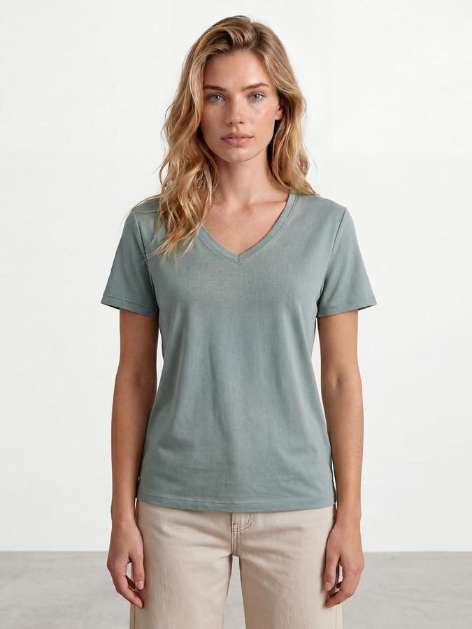 R&B Womens Classic Dusty Mint Solid V-Neck Half Sleeve Regular Fit T-Shirt