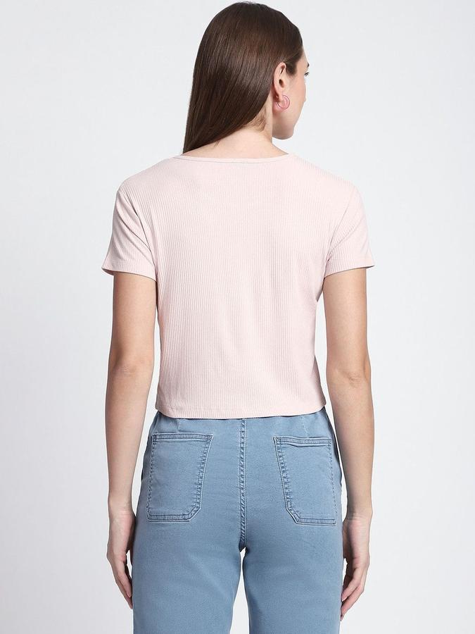 R&B Womens Light Pink Self Design Round Neck Short Sleeves T-shirt
