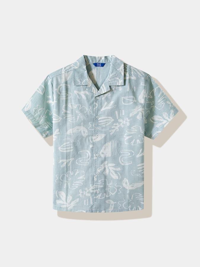 R&B Boys Blue Printed Half Sleeves Cuban Collar Shirt