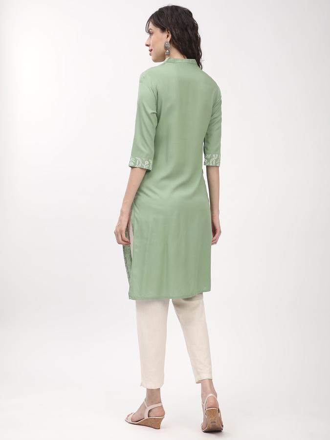 Women's regular fit casual green chikankari printed front button down straight kurta image number 2