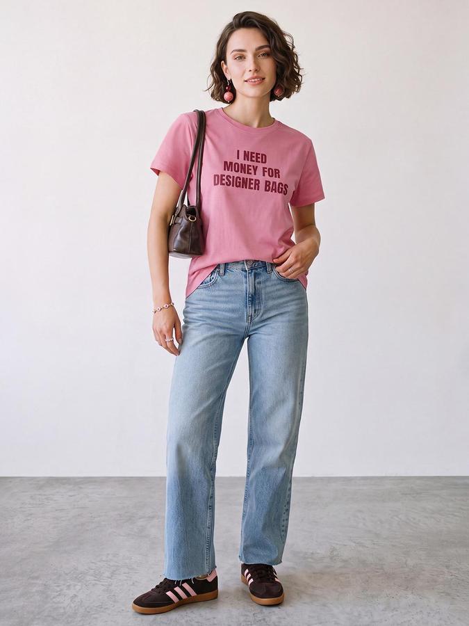 R&B Women Pink Short Sleeve Round Neck Typography Graphic Print T-Shirt