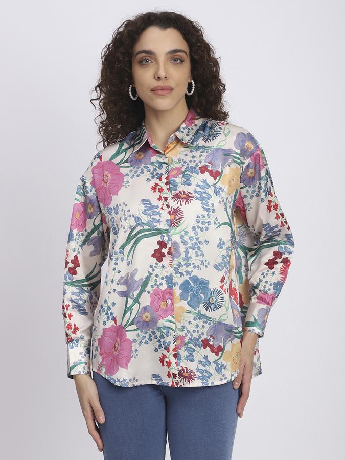 R&B Women Off White Botanical Print Longline Shirt