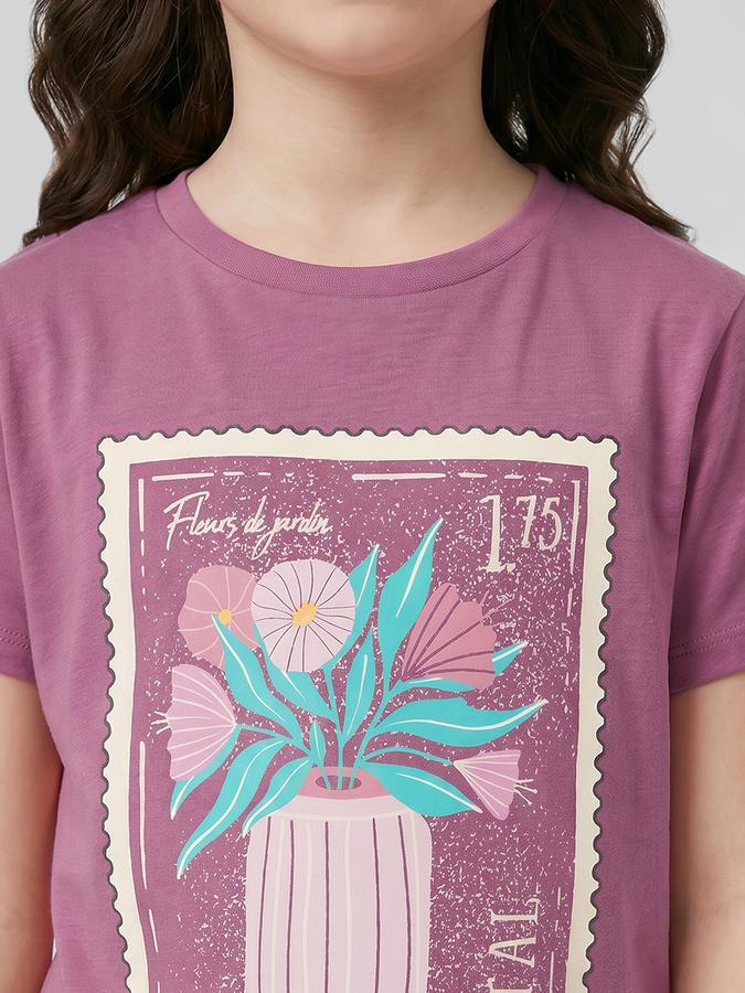 R&B Purple Graphic Print Girls Round Neck Regular Fit Short Sleeves T-Shirt 