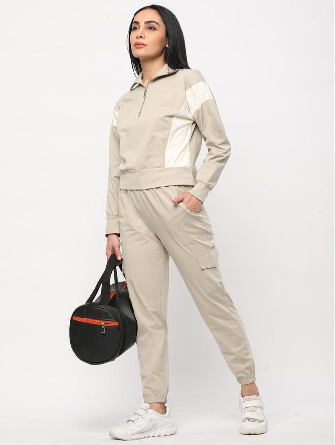 R&B Beige Solid Relaxed Fit Women Track Pant