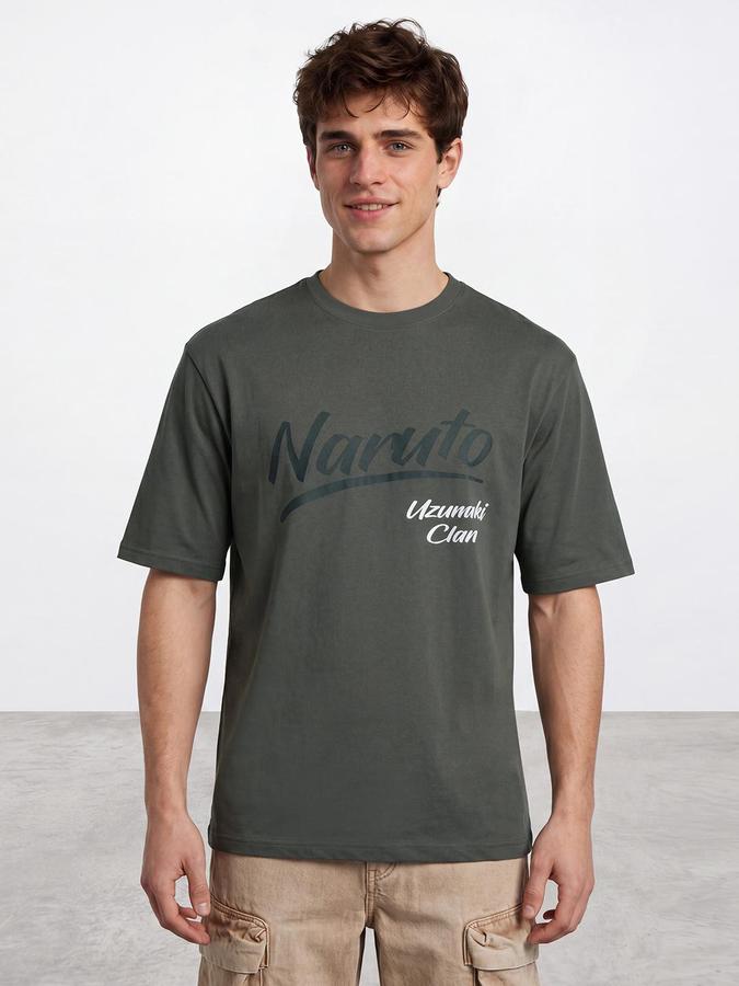 R&B Men Pine Green Naruto Graphic Back Print Short Sleeves Tshirt