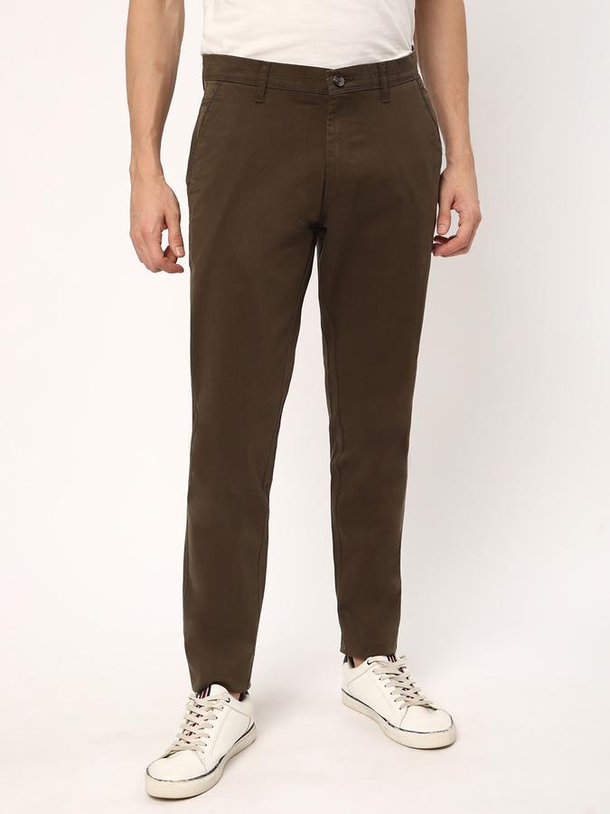 Men Cotton Slim Fit Flat Front Frayed Hem Solid Trousers