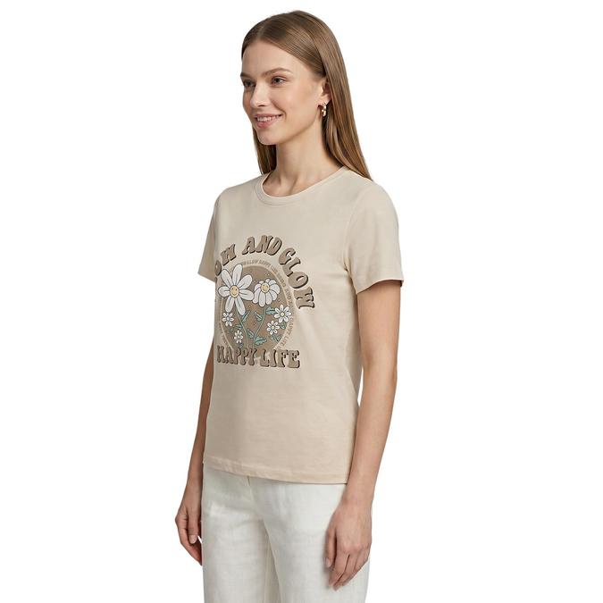 R&B Women Beige Cotton Printed Round Neck T-Shirt