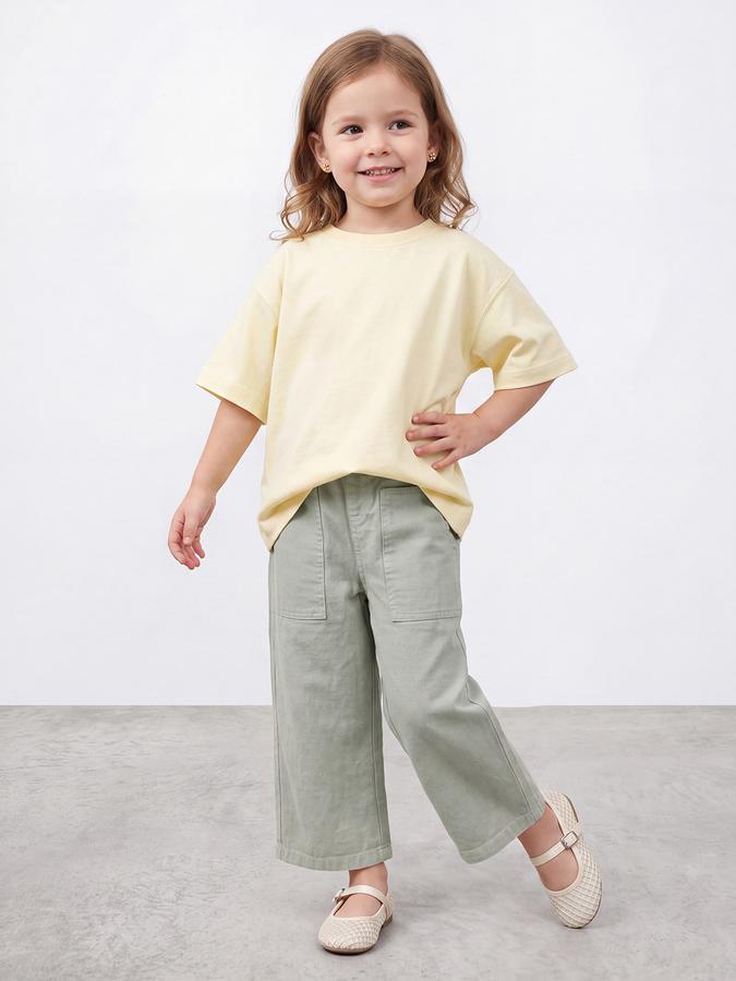 R&B Girls Green Solid Pure Cotton Wide Leg Mid Rise Trousers