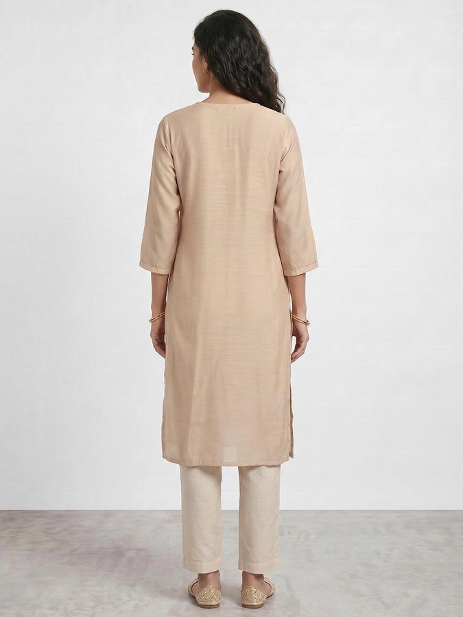 R&B Women Beige Embroidered V-Neck Three-Quarter Sleeves Calf Length Straight Kurta 