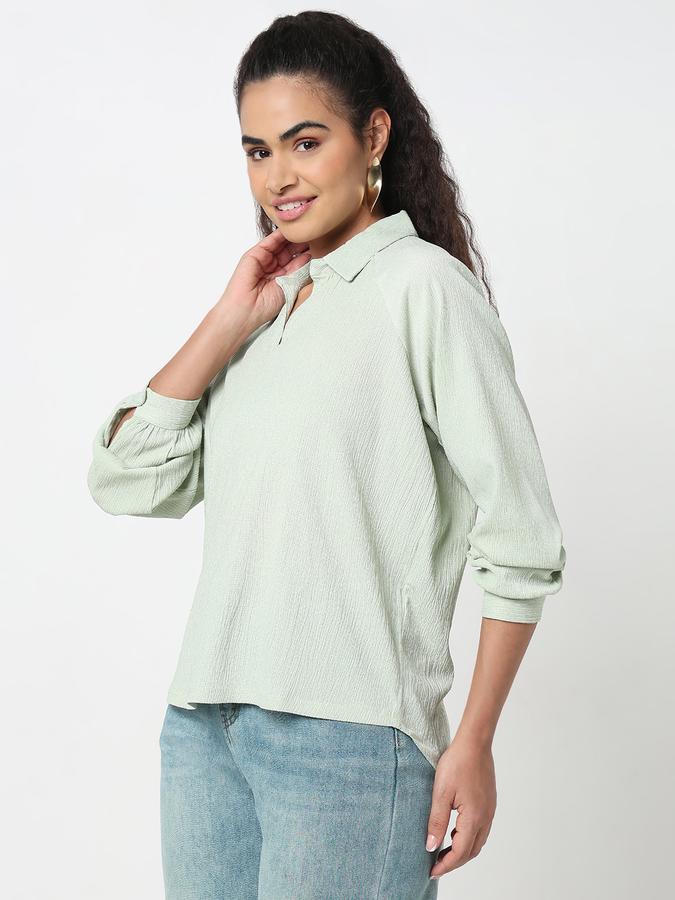 Women Polyester Relaxed Fit Shirt Collar Textured Top