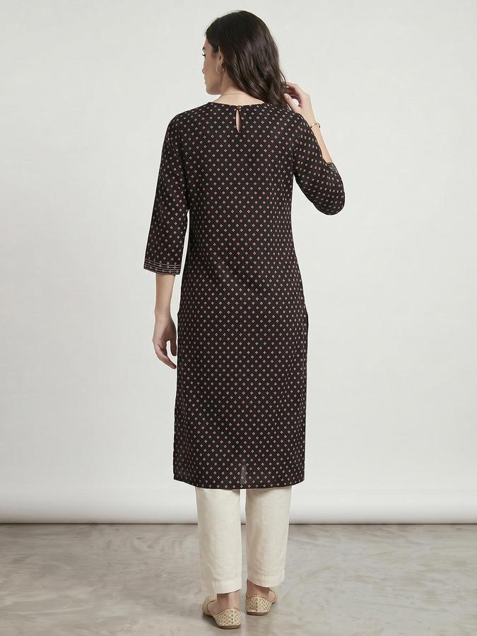 R&B Women Black Printed Round Neck Three-Quarter Sleeves Calf Length Straight Kurta 