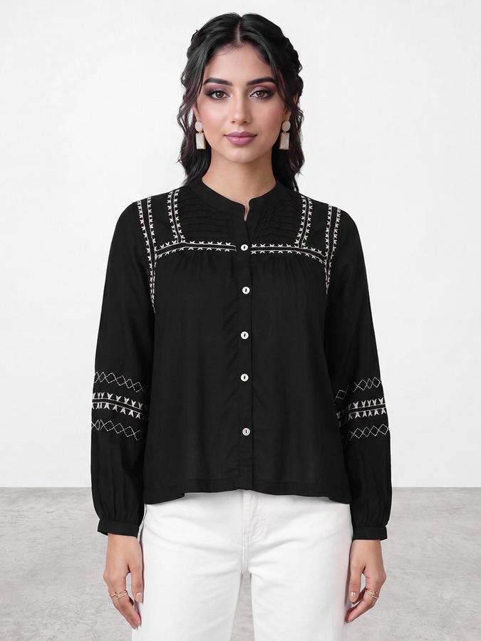 R&B Womens Black Mandarin Collar Long Sleeves Embroidered Top