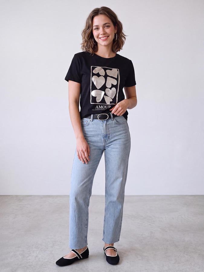 R&B Women Black Metallic Sliver Heart Graphic Print Pure Cotton Round Neck T-Shirt