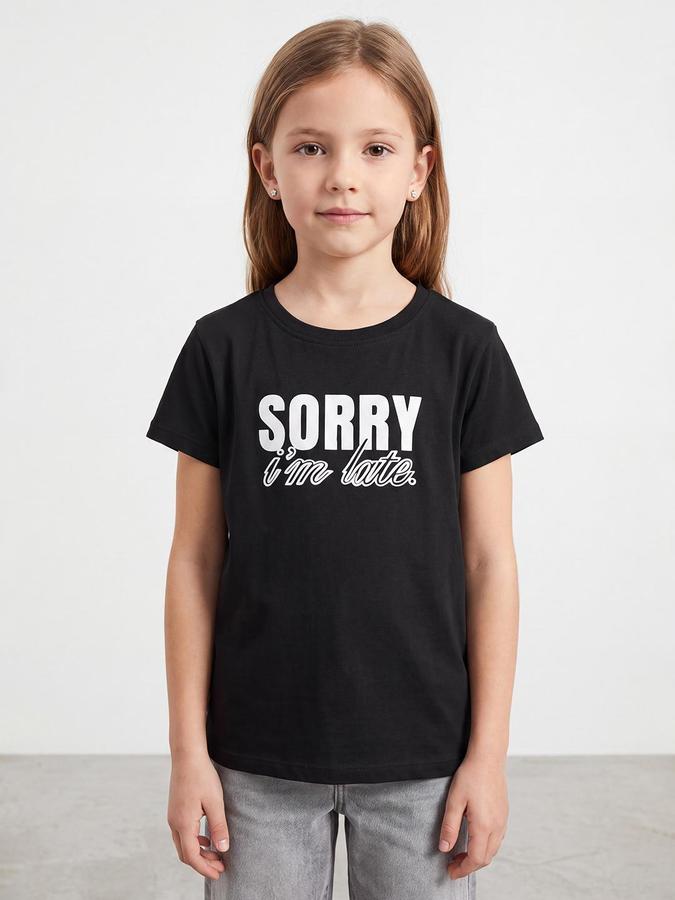 R&B Girls Jet Black Typography Print Short Sleeves Round Neck Pure Cotton T-Shirt