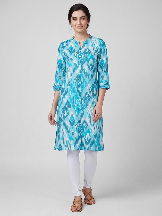 R&B Blue Printed Women Three-Quarter Sleeves Mandarin Collar Kurta