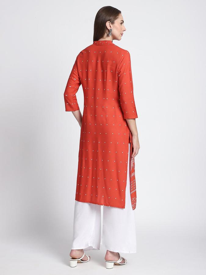 R&B Women Red Floral Print Mandarin Collar Knee Length Pure Viscose Ethnic Kurta