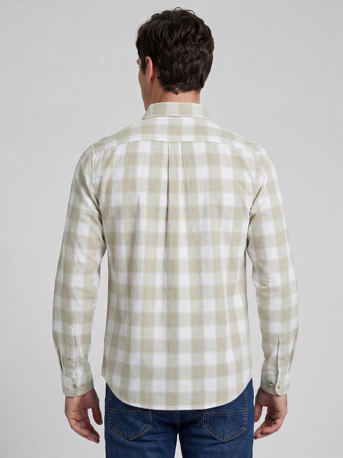 R&B Beige Checked Men Spread Collar Long Sleeves Shirt