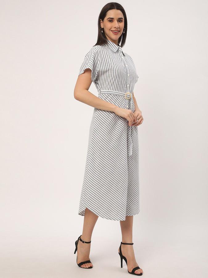 R&B Women Blue Striped Short Sleeve Shirt Collar Midi Shirt Dress