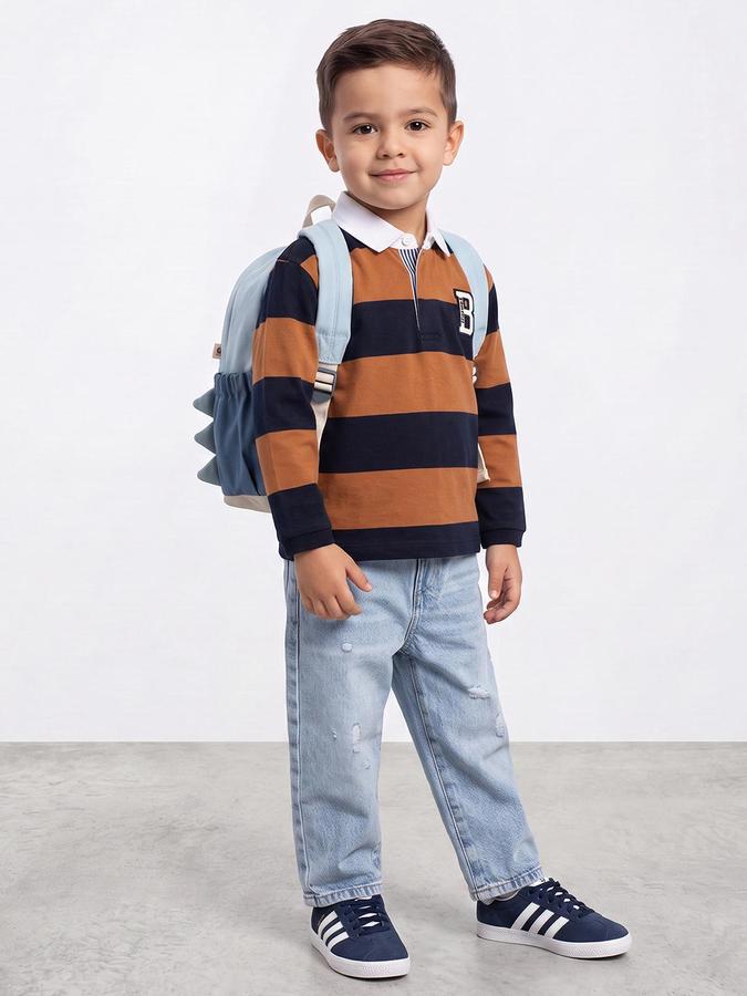 R&B Boys Orange Striped Long Sleeves Polo Collar Pure Cotton T-Shirt