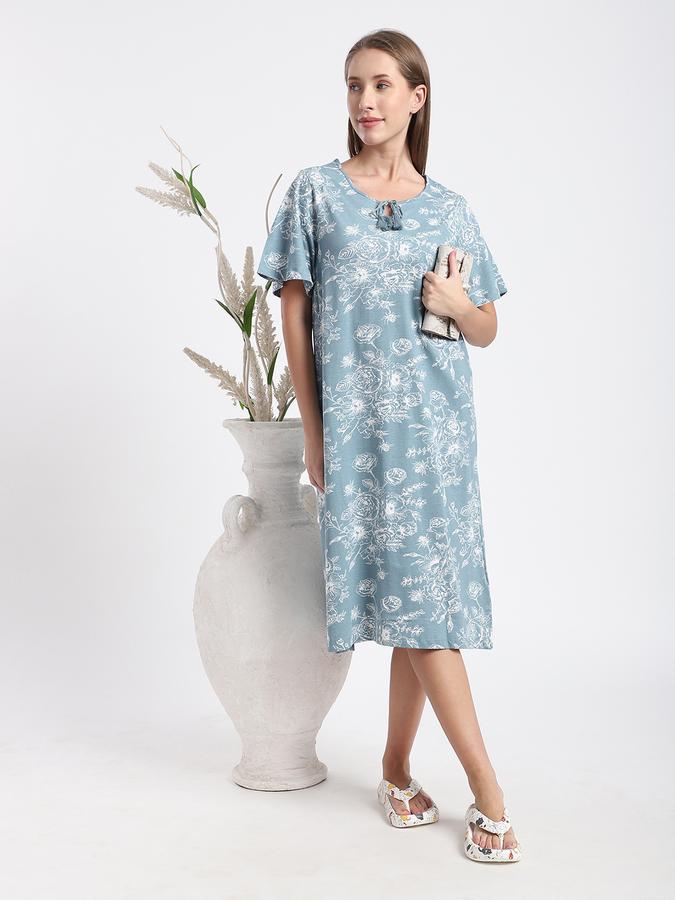 Women Cotton Regular Fit Round Neck Floral Print Night Shirt