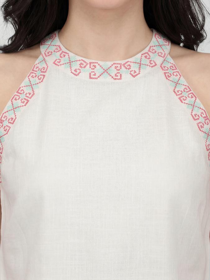 R&B Off White Ethnic Motifs Print Halter Neck Sleeveless Women Top