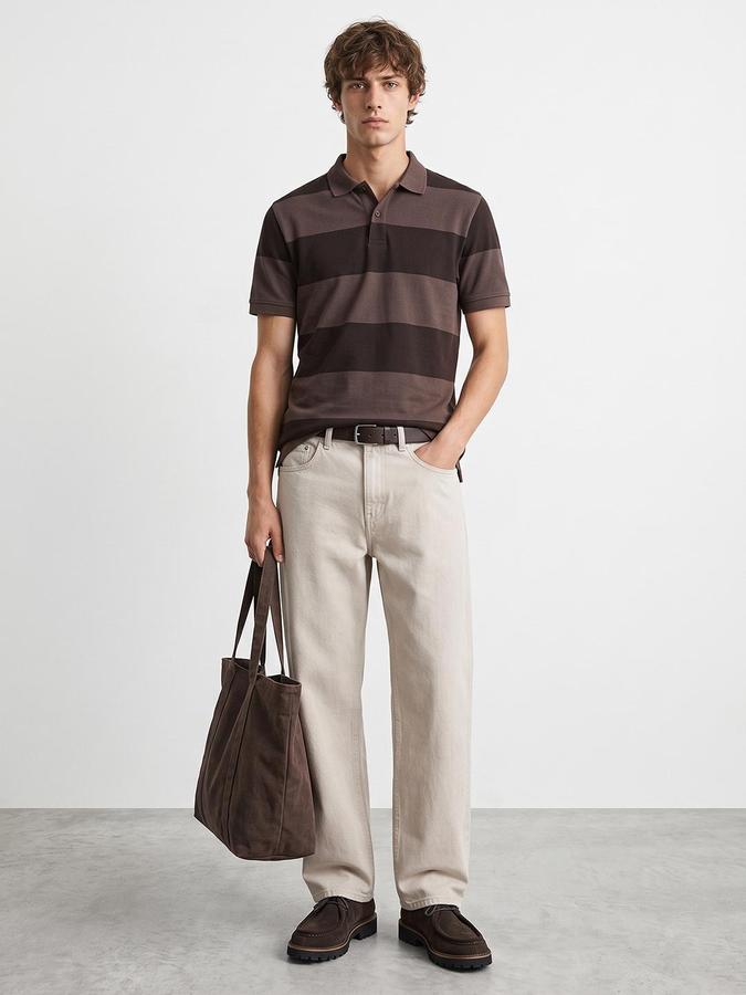 R&B Men Brown Striped Short Sleeves Polo Collar Pure Cotton T-Shirt