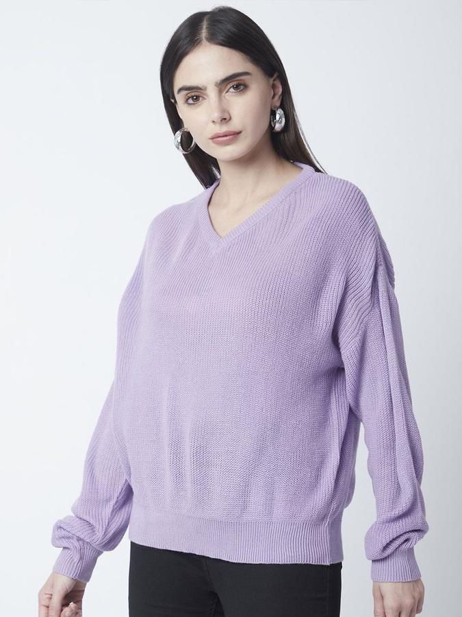 R&B Women Purple V-Neck Solid Long Sleeves Sweater