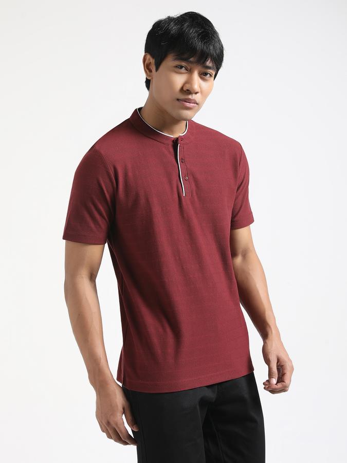 Men Cotton Blend Regular Fit Henley Textured T-shirt