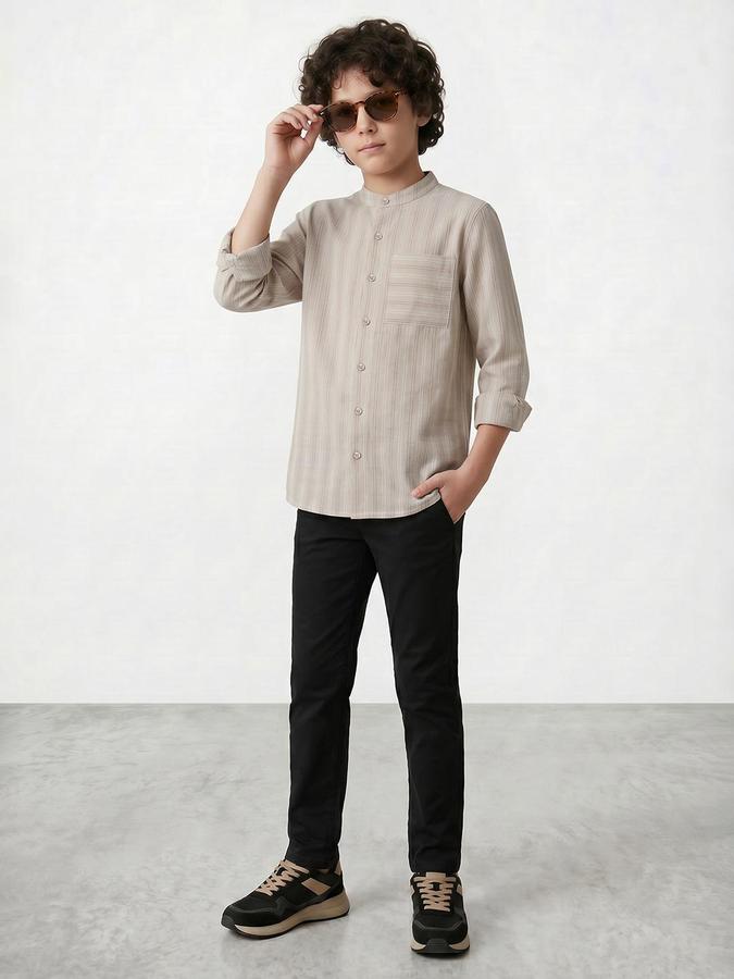 R&B Boys Beige Mandarin Collar Long Sleeves Vertical Stripes Regular Fit Shirt