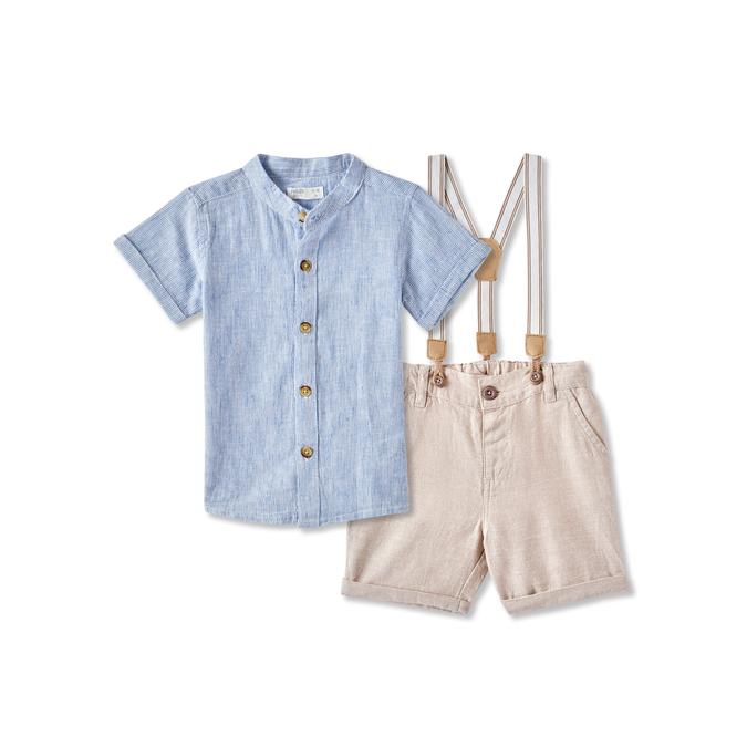 Boys Solid Linen Short Sleeves Shirt with Shorts Fashion Set
