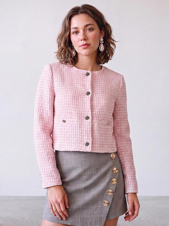 R&B Women Pink Checked Collarless Long Sleeves Tailored Jacket