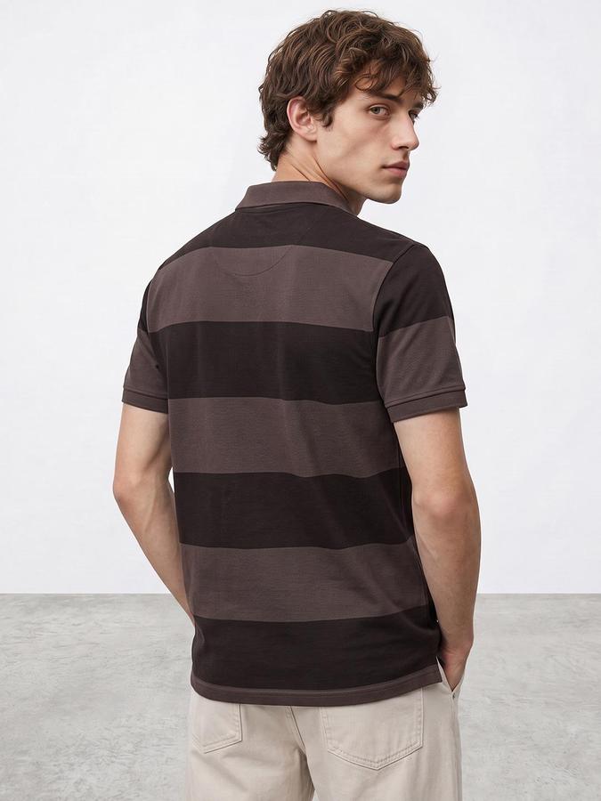 R&B Men Brown Striped Short Sleeves Polo Collar Pure Cotton T-Shirt