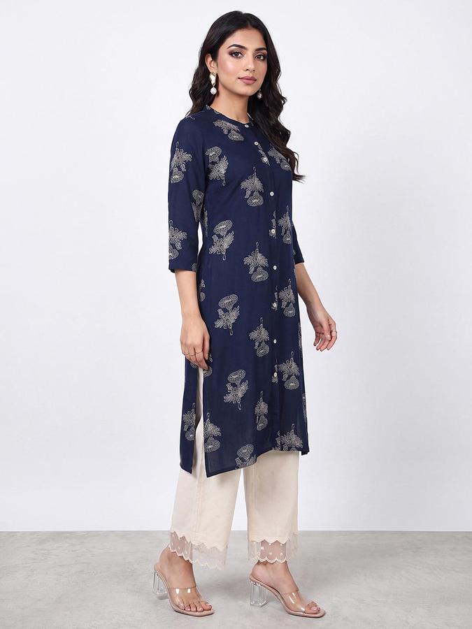 R&B Women Navy Blue Floral Print Mandarin Collar Three-Quarter Sleeves Straight Kurta