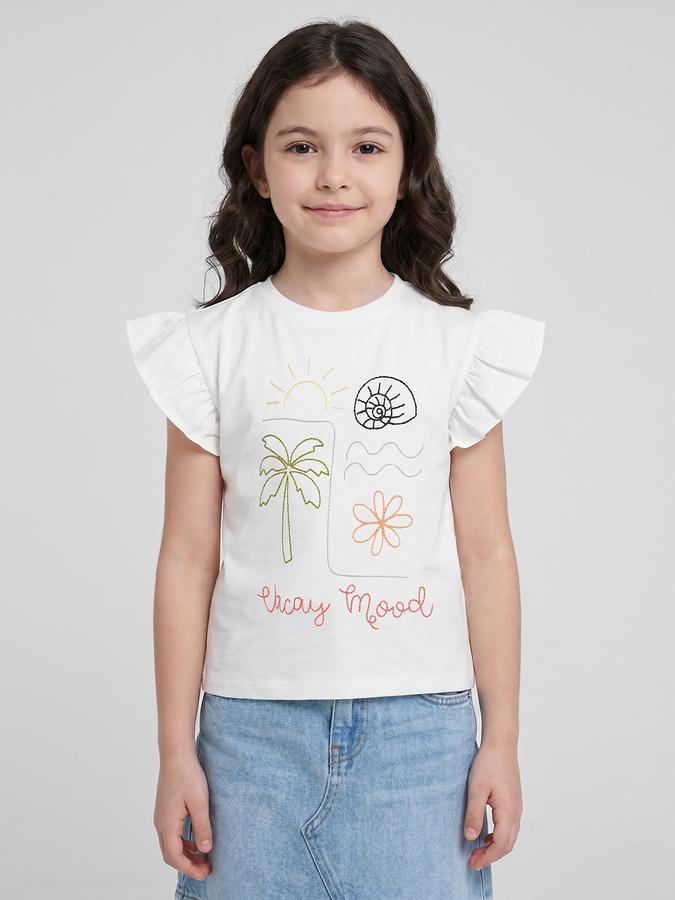 R&B White Graphic Print Girls Round Neck Regular Fit Short Sleeves T-Shirt 