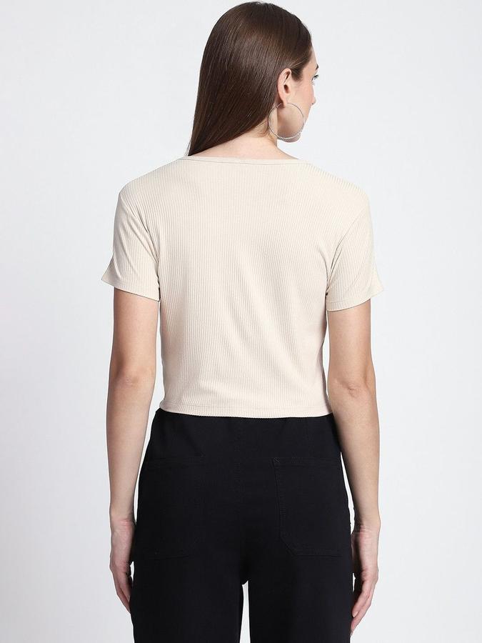 R&B Womens Cream Self Design Round Neck Short Sleeves T-shirt