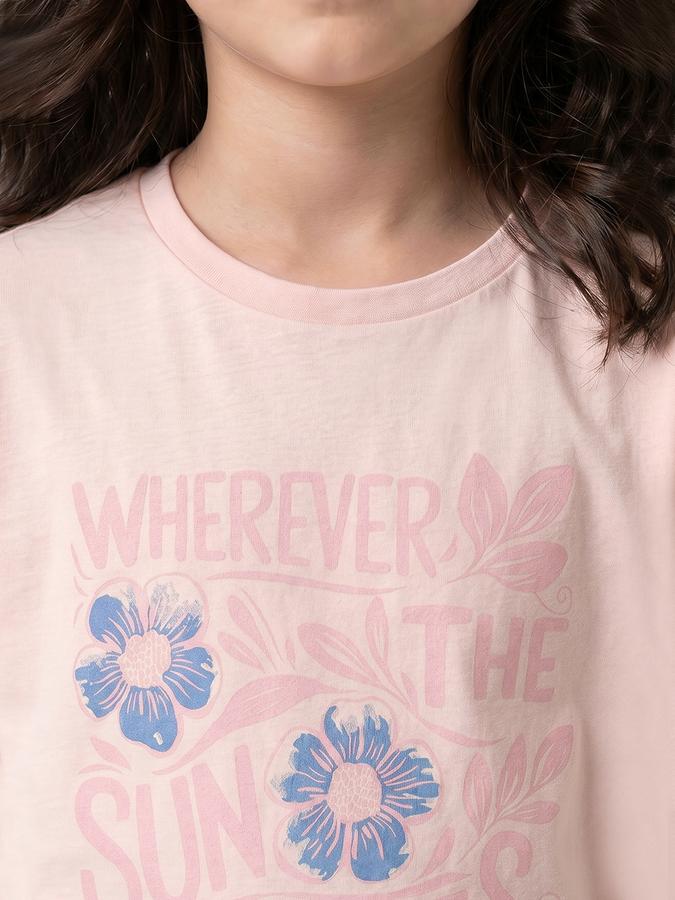 R&B Pink Graphic Print Girls Round Neck Regular Fit Short Sleeves T-Shirt 