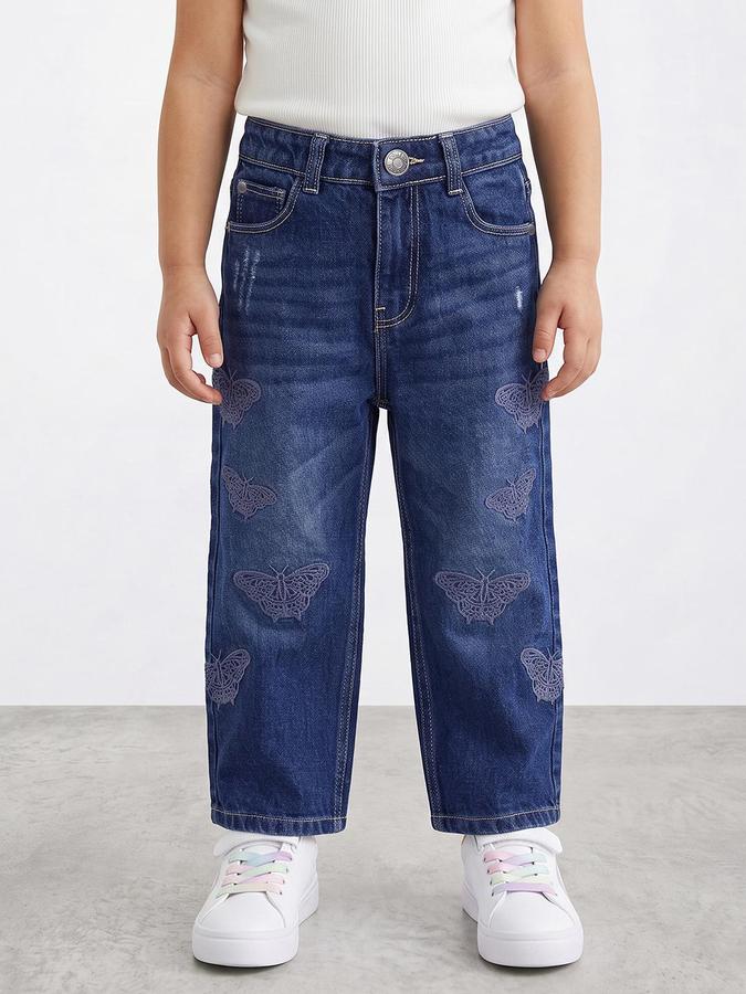 R&B Girls Blue Straight Fit Butterfly Pattern Denim Jeans