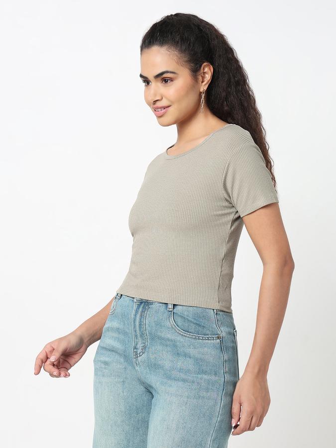 R&B Women Green Solid Ribbed T-Shirt