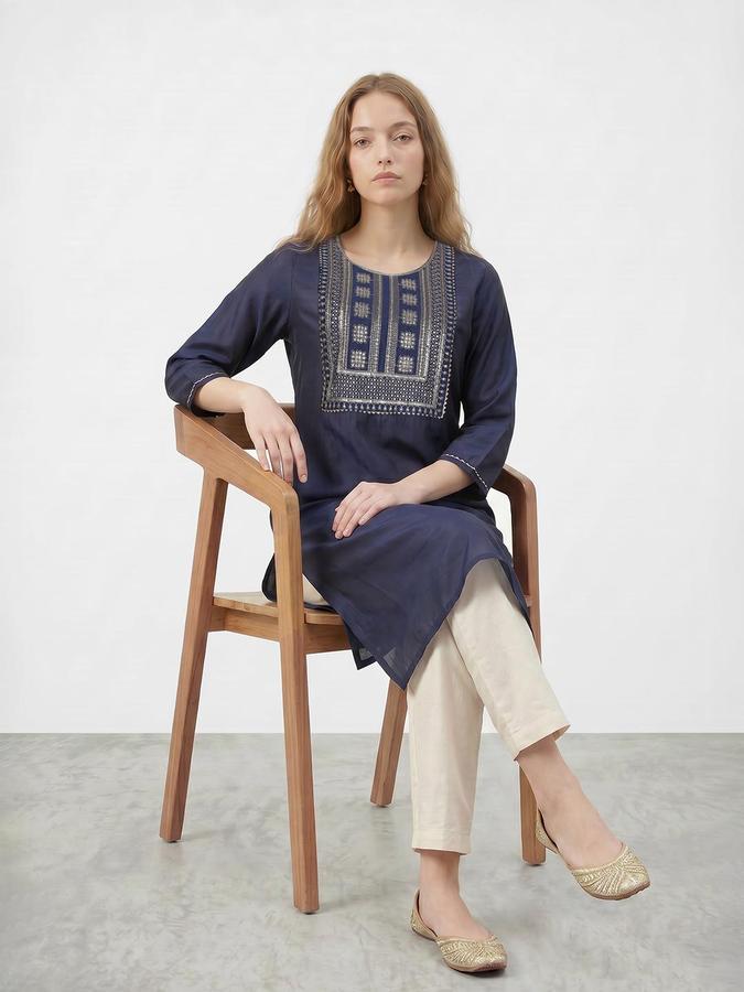R&B Women Navy Blue Embroidered Round Neck Three-Quarter Sleeves Calf Length Straight Kurta 