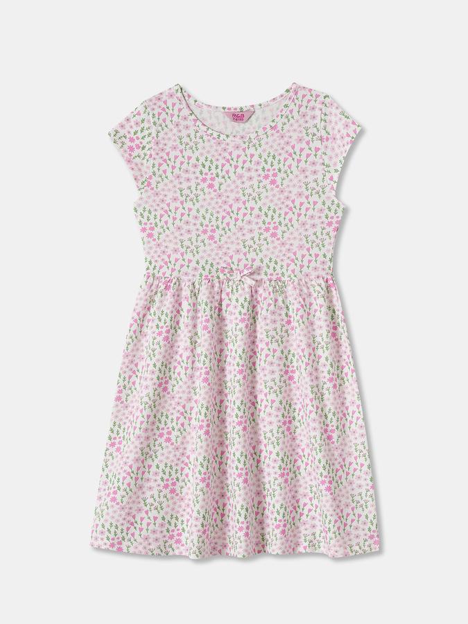 Girls Floral Print Short Sleeves Round Neck Knee Length Dress