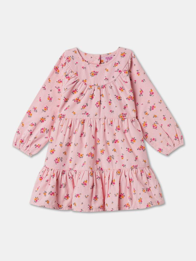 Girls Floral Print Long Sleeve Round Neck Tiered Dress