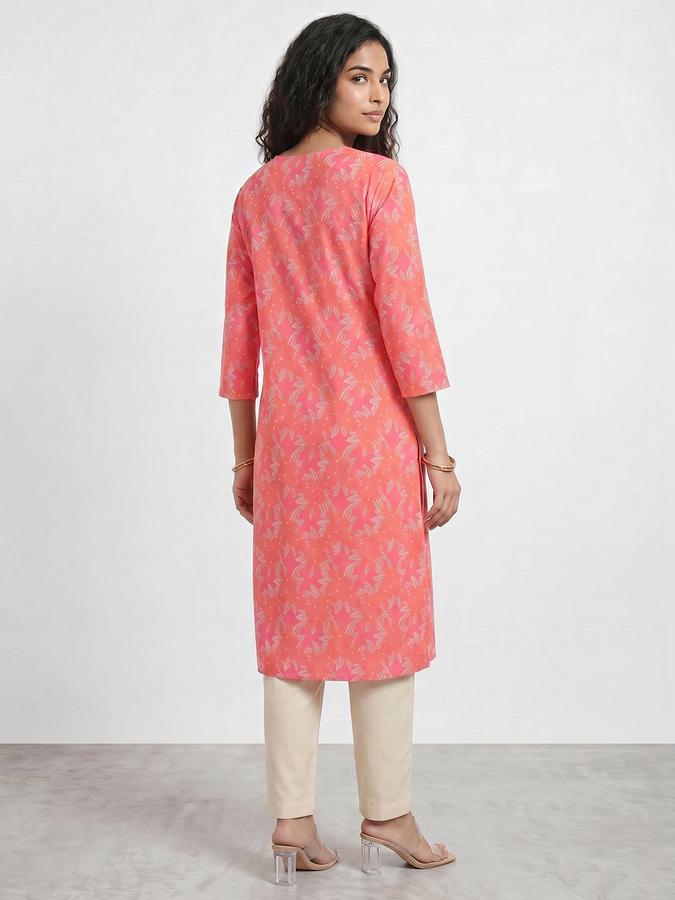 R&B Women PINK Printed V-Neck Three-Quarter Sleeves Calf Length Straight Kurta 