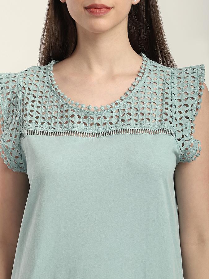 Women Cotton Relaxed Fit Round Neck Lace Yoke Night Shirt