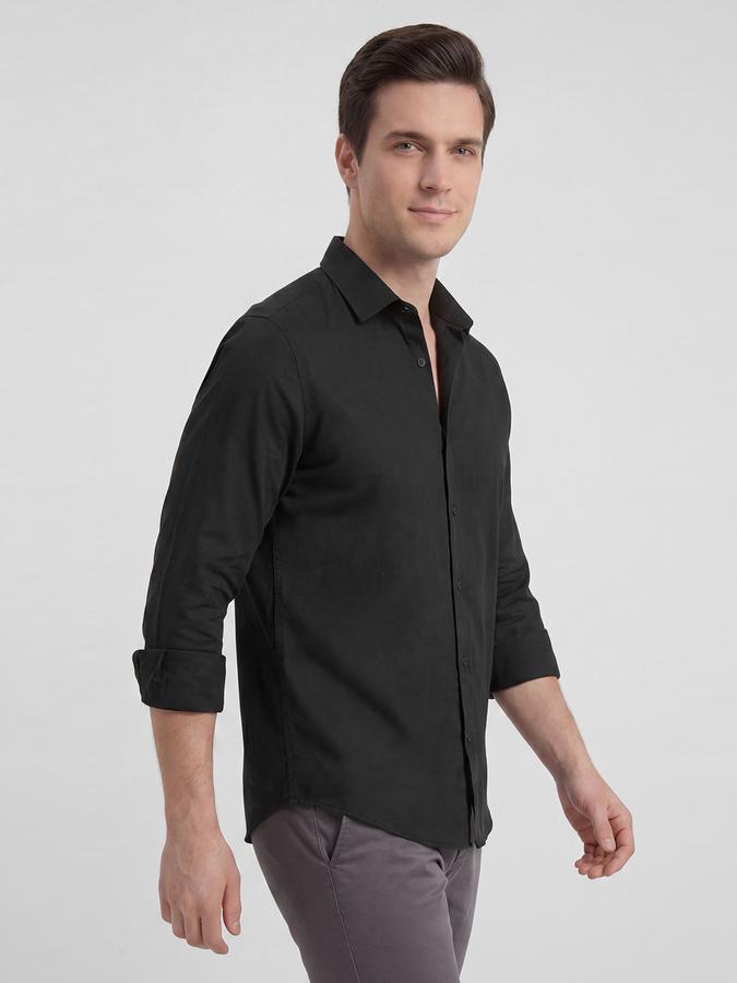 R&B Black Solid Men Spread Collar Long Sleeves Shirt