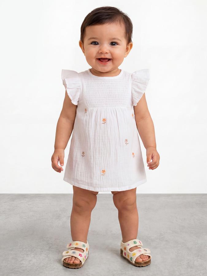R&B Girl White Embroidery Floral Pure Cotton Flutter Sleeves Fit and Flare Dress