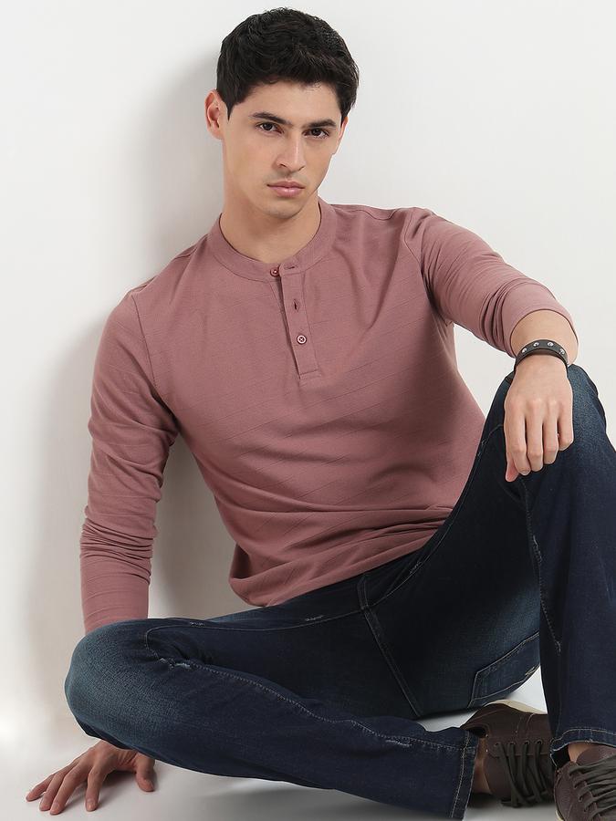 Men Cotton Blend Regular Fit Henley Textured T-shirt