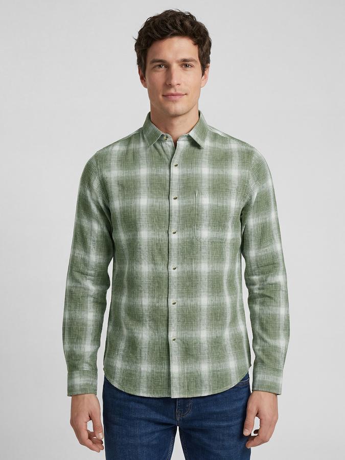 R&B Green Checked Men Spread Collar Long Sleeves Shirt
