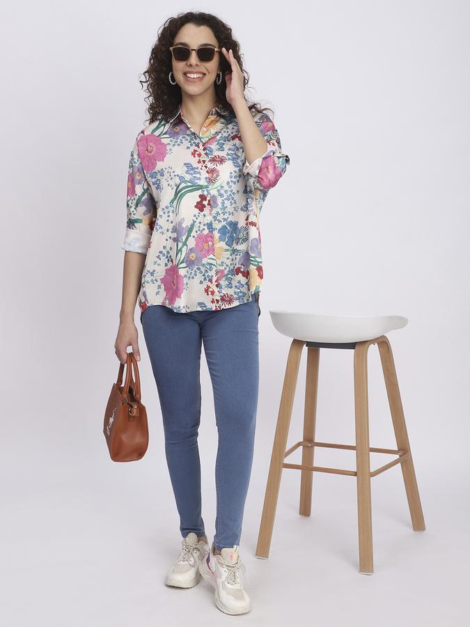 R&B Women Off White Botanical Print Longline Shirt