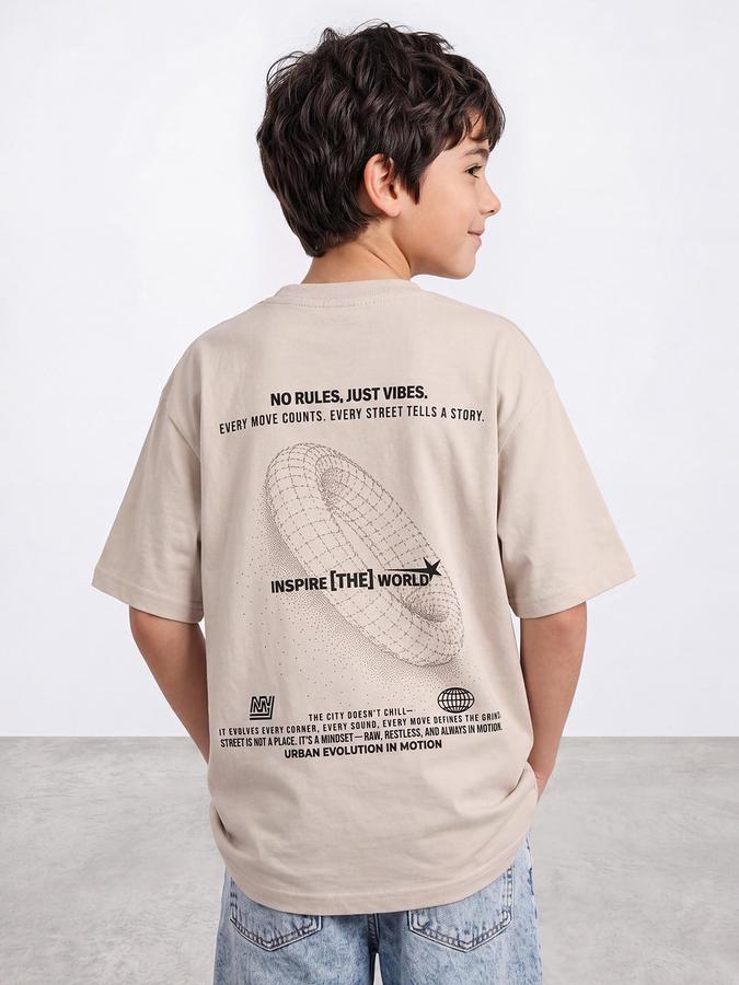 R&B Boys Beige Short Sleeve Round Neck Typography Graphic Print T-Shirt
